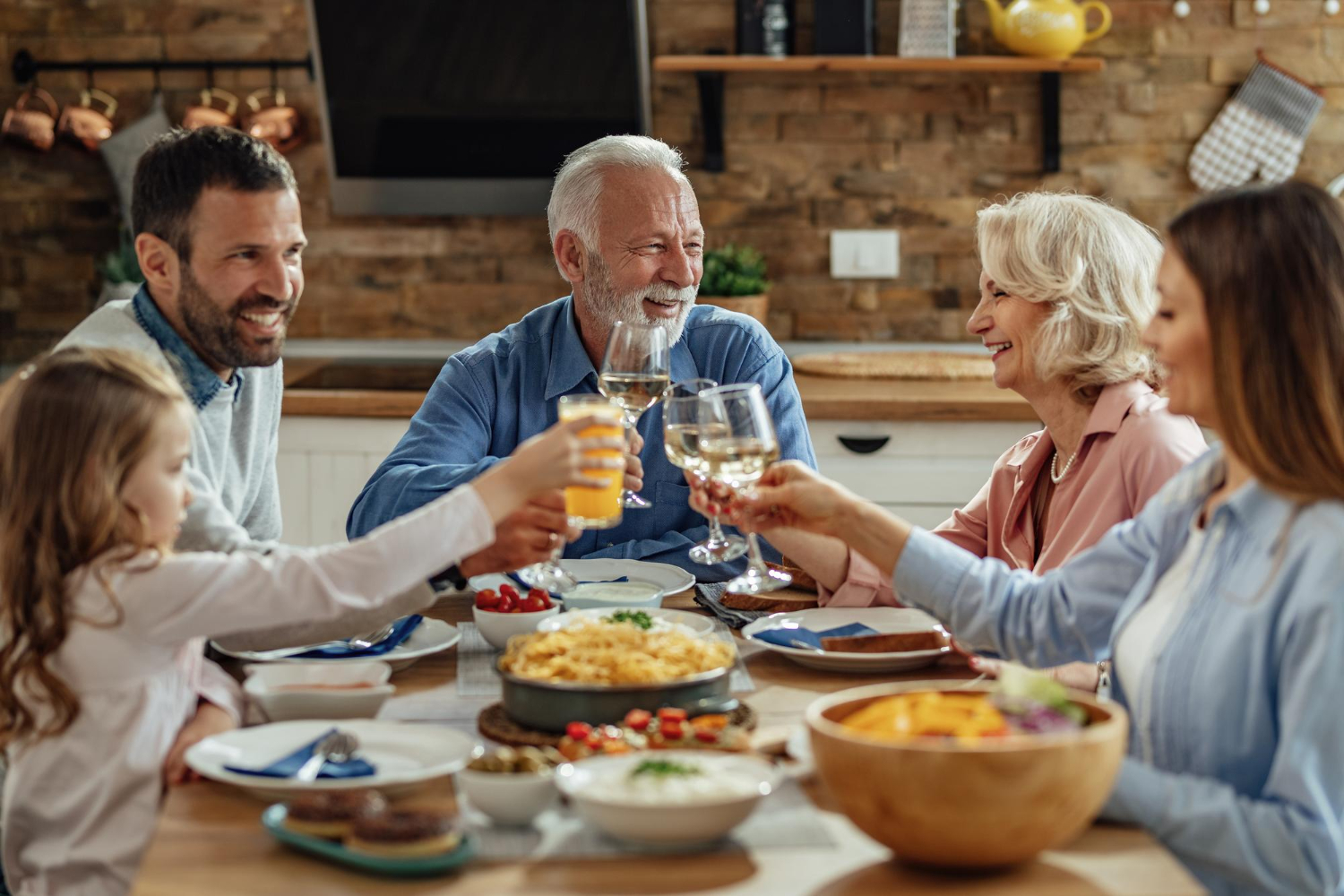 Family on food table