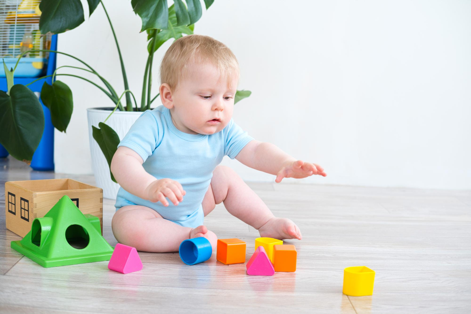 Baby playing blocks floor