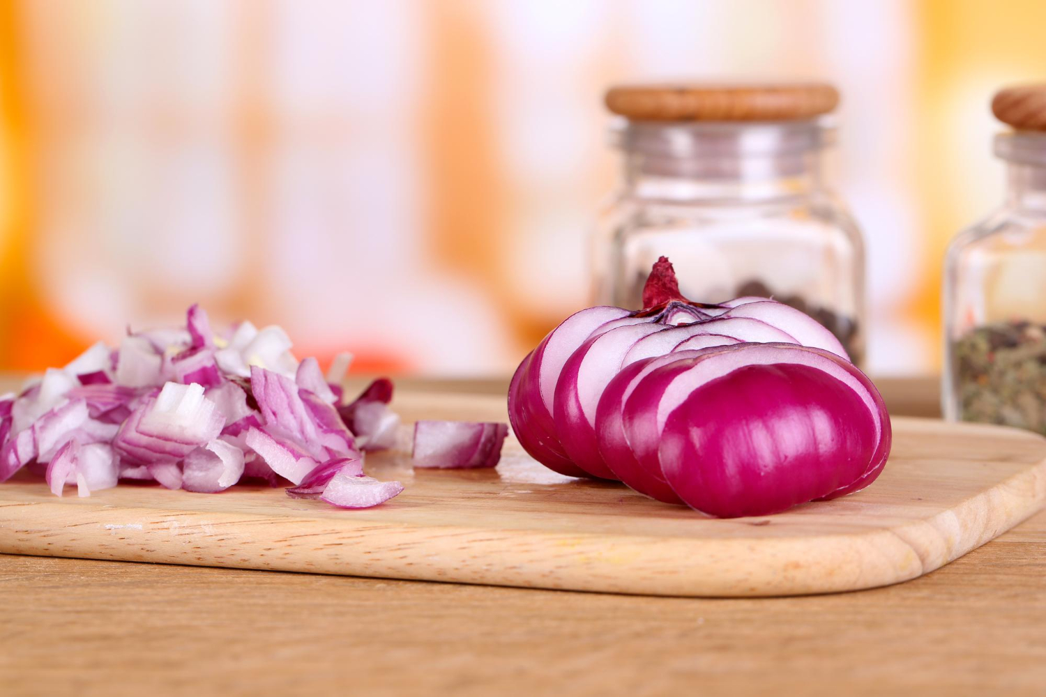 Sliced onion cutting board knife