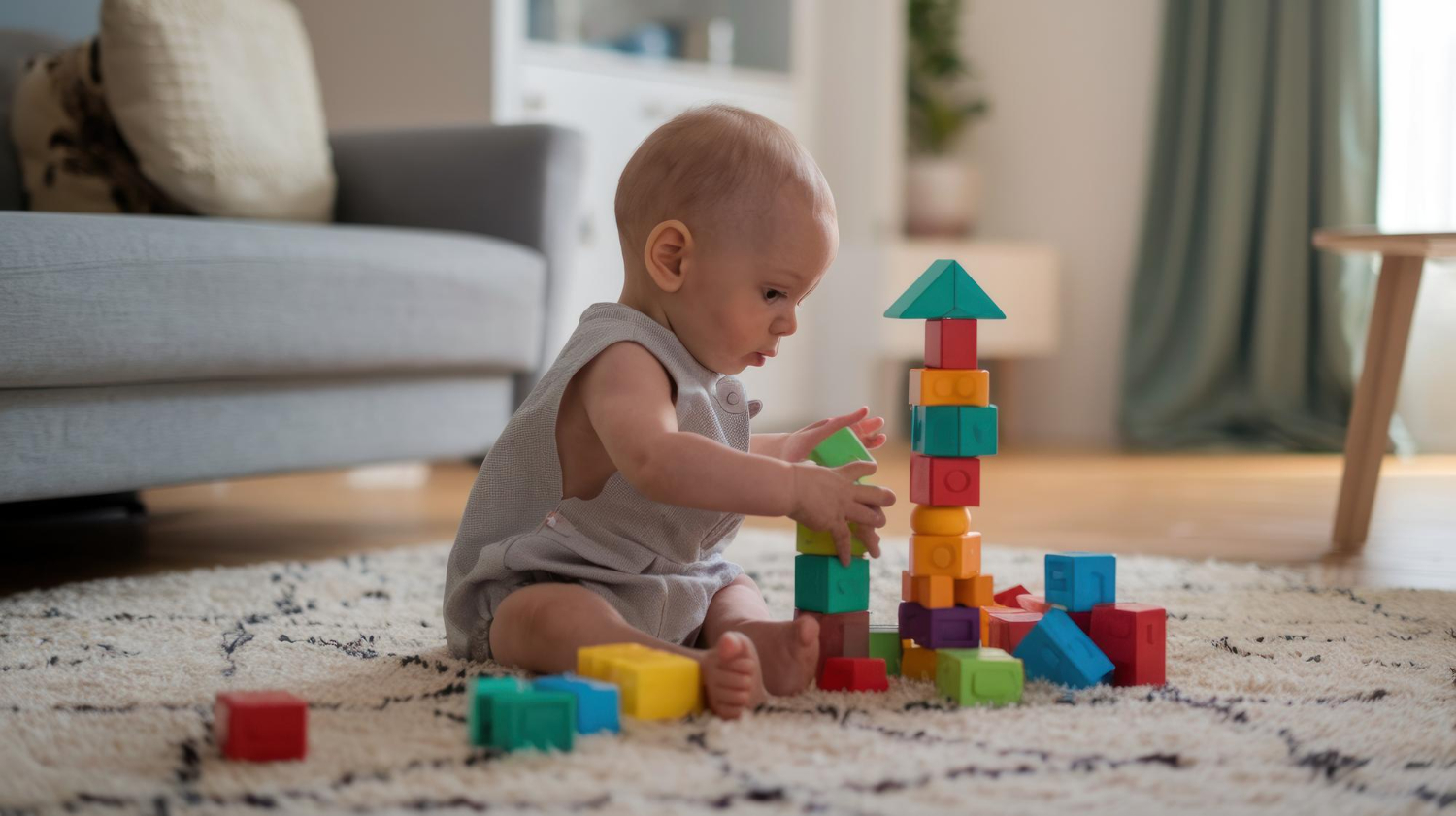 Baby playing blocks floor