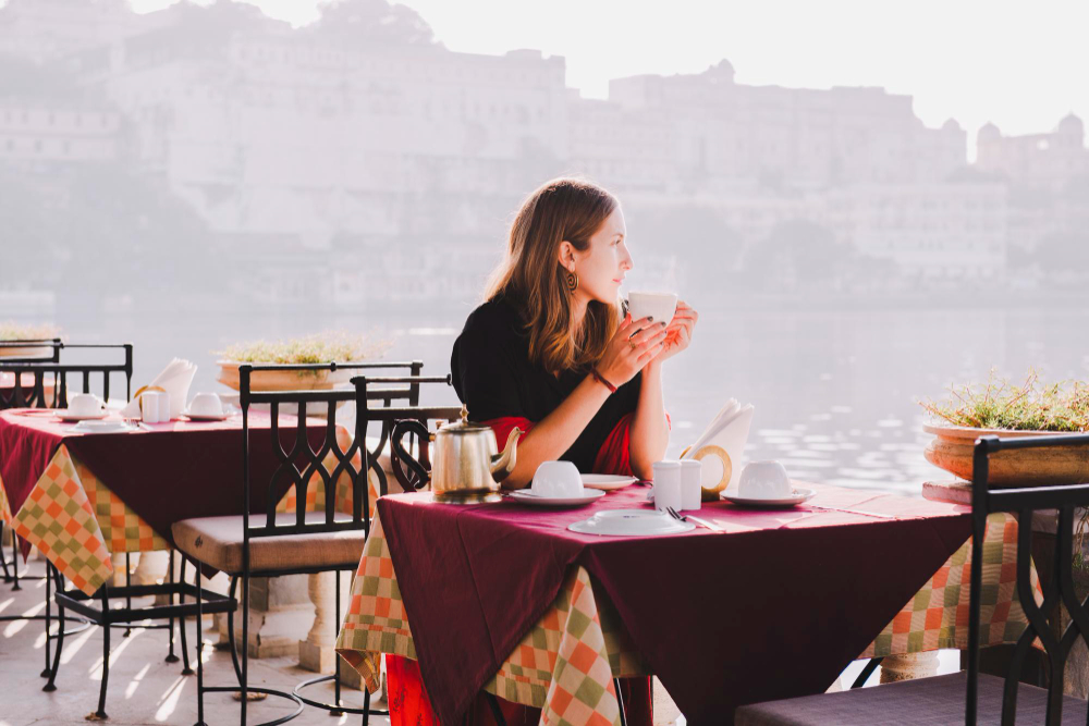 Traveler in restaurant