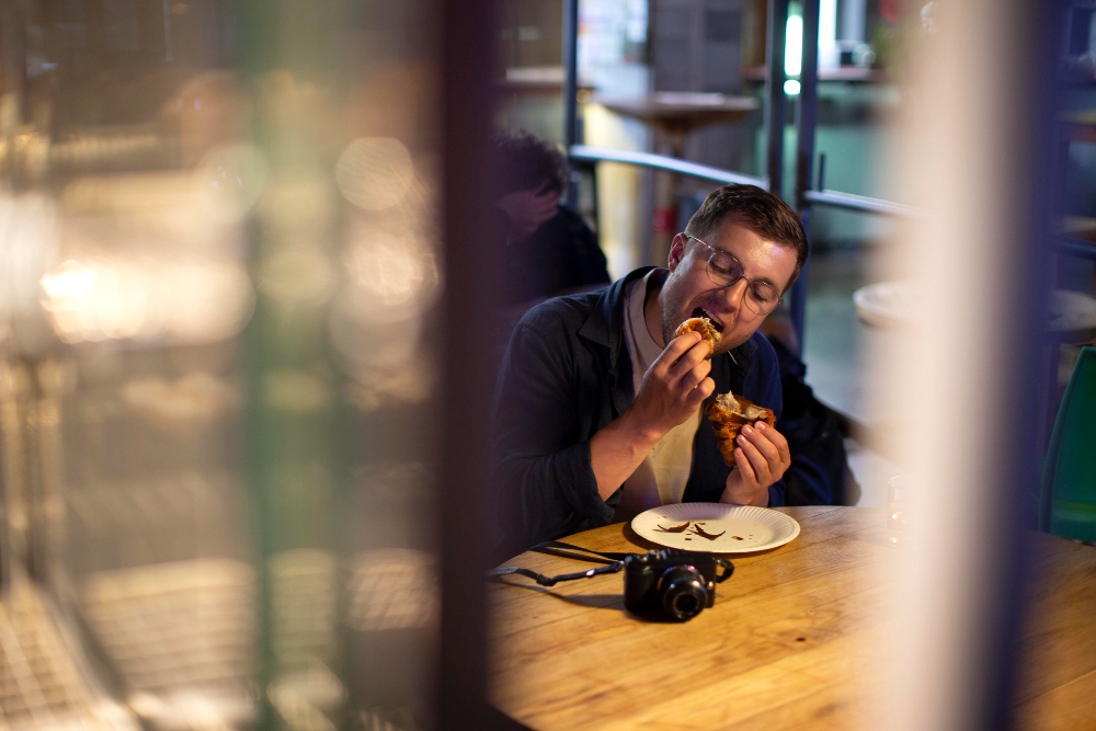 Traveler in restaurant